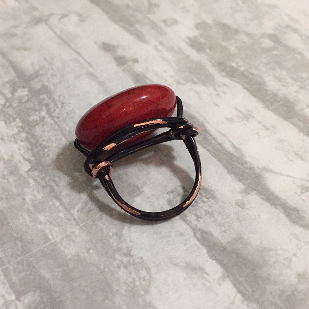 Artisan Hand Crafted Black and copper wire wrapped red stone ring